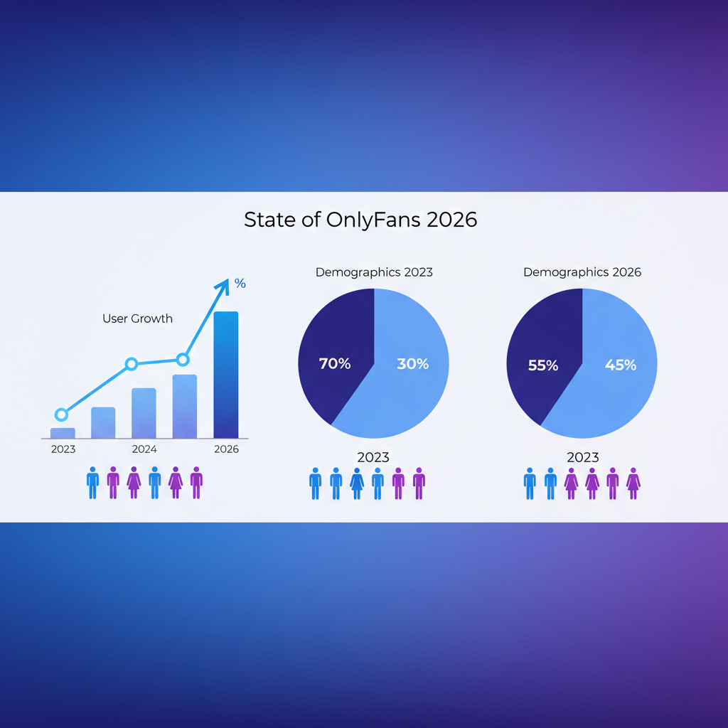 Infografía que muestra el crecimiento de usuarios de OnlyFans y los cambios demográficos de 2023 a 2026. - Ilustración del Estado de OnlyFans 2026