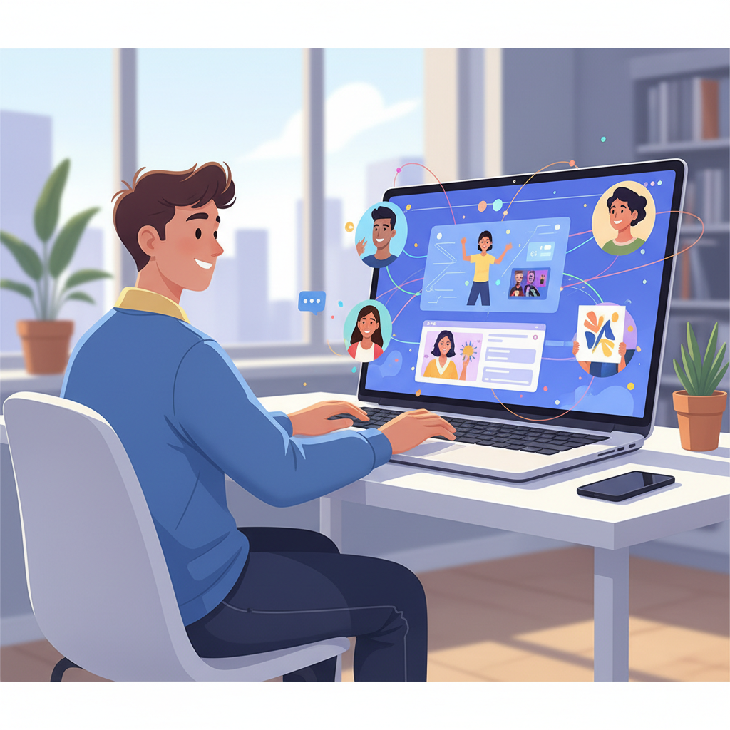 Un creador interactuando con fans en una computadora portátil, mostrando contenido atractivo. - Rewrite: https://bunny-agency.com/onlyfans-blog/test/ ilustración