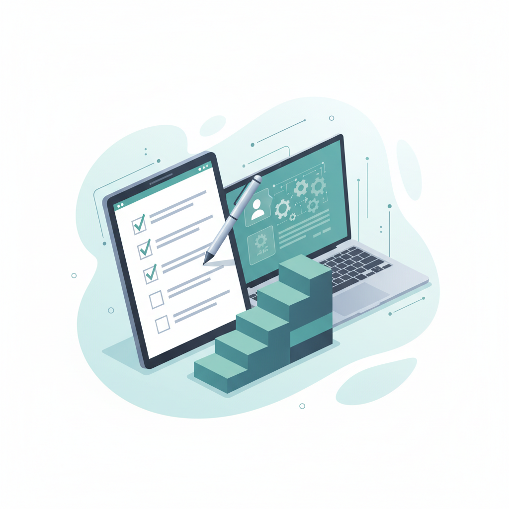 Una lista de verificación con un bolígrafo y una computadora portátil, que simbolizan los pasos a seguir. - Reescribir: https://bunny-agency.com/onlyfans-blog/test/ ilustración